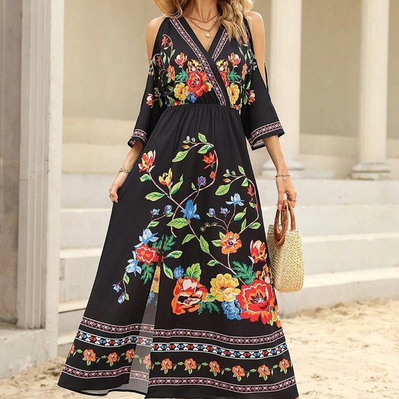 Black Boho Womens Floral Print Cold Shoulder Split Thigh Dress - Picture 4 of 5